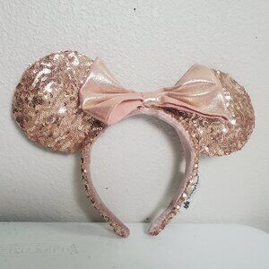 Disney Parks Minnie Mouse Ears Bow Headband Rose Gold Pink Sequins